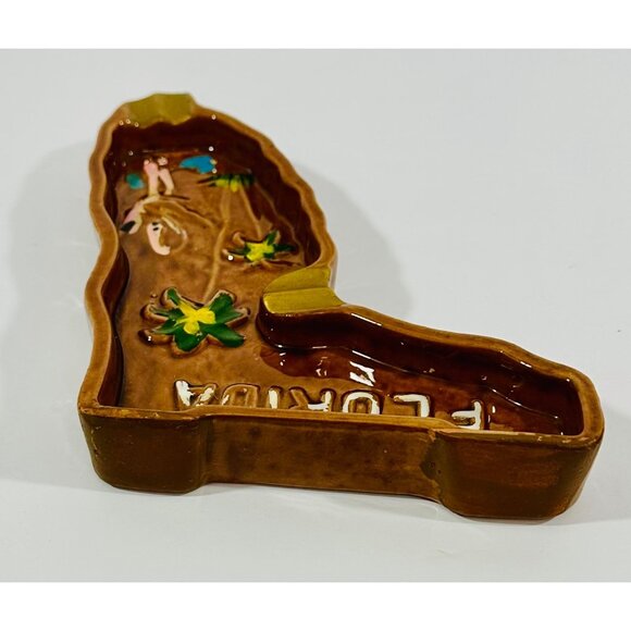 Vintage Florida Shaped Ceramic Ashtray Tropical Design Flamingo Palm Trees - Picture 8 of 8